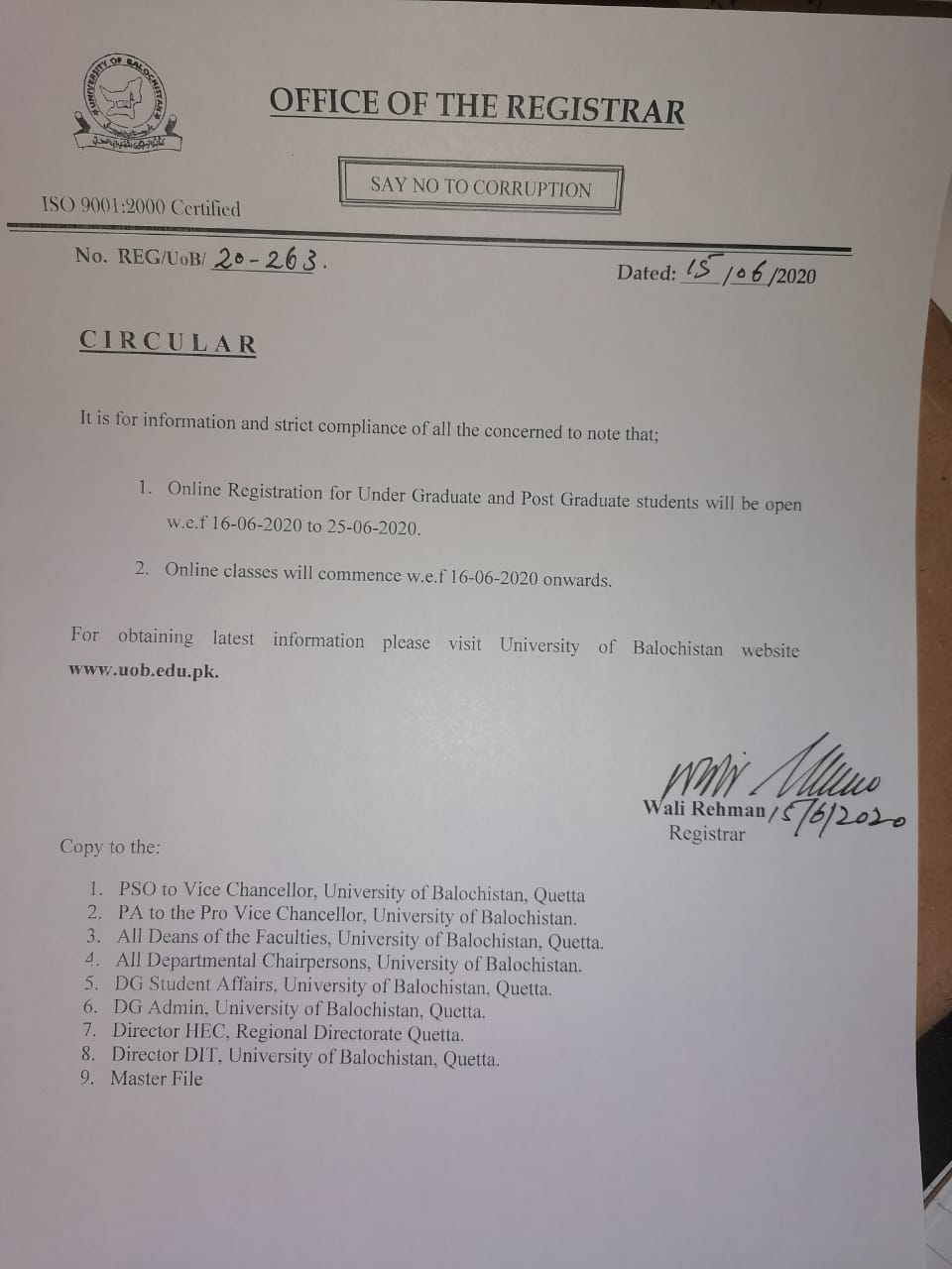 Notification of commencement of online classes 16 June 2020